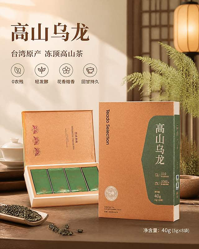 [第1张] 详情页头图主视觉-高山乌龙产品全貌海报。本张使用【图1】作为产品包装盒主体，【图2】作为打开的内盒展示。
[氛围/风格] 新中式雅致茶系风格，东方禅意氛围，暖调温润，商业摄影高级质感，参考茶空间场景光影。
[元素布局] 画面右侧放置高山乌龙产品包装盒（橙棕+茶绿色包装），占比约55%；左侧中上部为打开的内盒展示，露出绿色独立小袋；背景是虚化的中式茶空间，有木质茶桌、白瓷盖碗、蕨类绿植、暖光灯笼、窗格光影；前景散落几片茶叶；产品包装结构、颜色、文字与输入图完全一致。
[光影质感] 右侧暖光主光源，柔和漫射光，产品正面清晰，左侧自然投影，整体温暖通透有层次感。
[配色色系] 全局底色 #F5EFE0（米茶色调）；主色橙棕#C88B55、茶绿#6B8E6B；辅助色米白、深棕文字。
[视角构图] 正面微侧45°视角，产品为视觉中心，阅读动线左上标题→中部产品→底部卖点。
[文字版式] 左上标题区。主标题「高山乌龙」大号宋体，副标题「台湾原产 冻顶高山茶」小号宋体；标题下方四个圆形icon+文字：「0农残」「轻发酵」「花香焙香」「回甘持久」；右下角标注「净含量：40g（5g×8袋）」。字色为深棕色#5C4033，全套统一宋体标题字。
[比例分辨率] 3:4竖版比例，width=1200，height=1600，4K分辨率，文字清晰可辨，高清画质。
[负向提示词] 产品变形，包装文字错乱，颜色偏差，水印，文字过小，背景杂乱，缺件错件，结构错误。