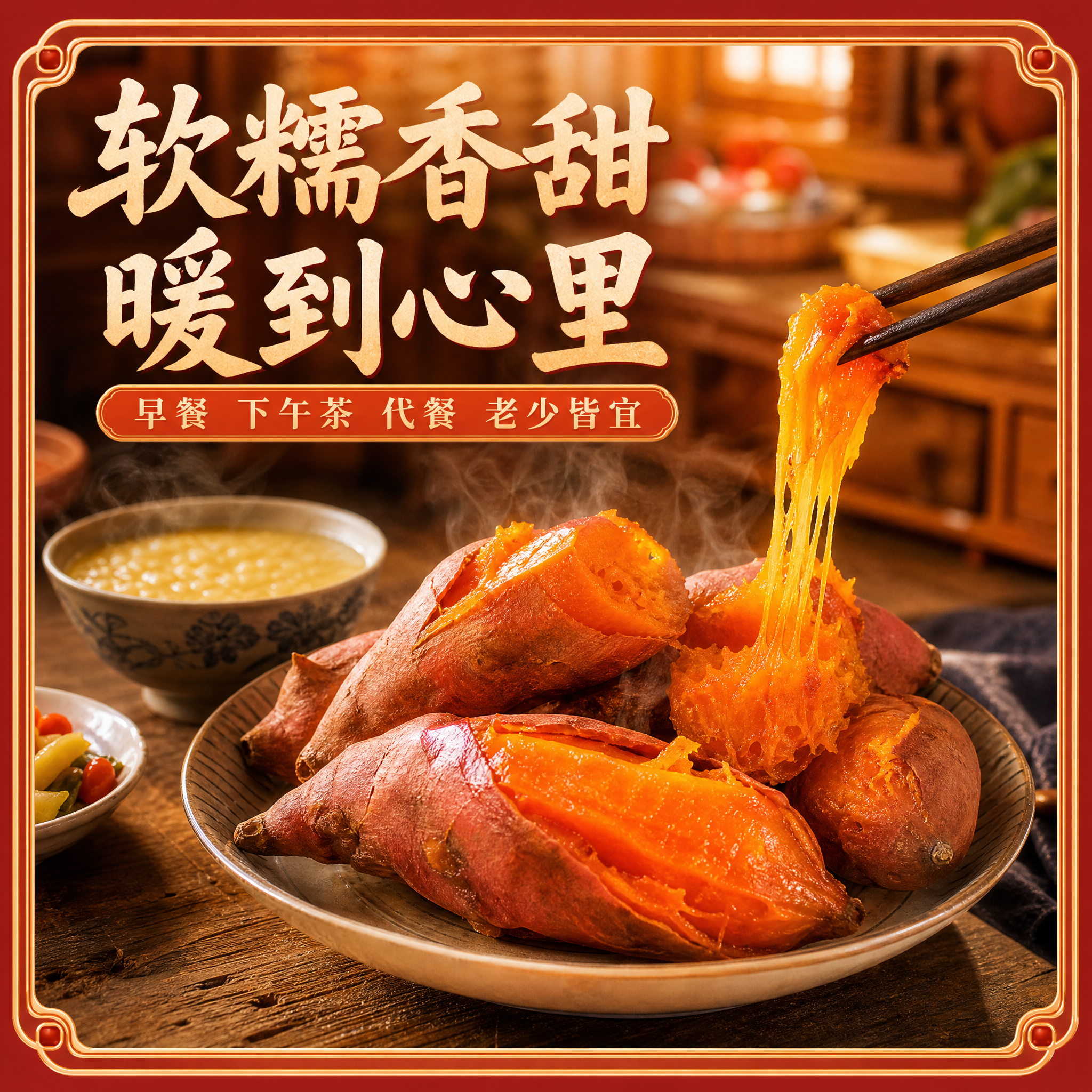国潮助农风电商主图第四张，食用场景主题。温馨的家庭餐桌场景，一… - 图片创意预览
