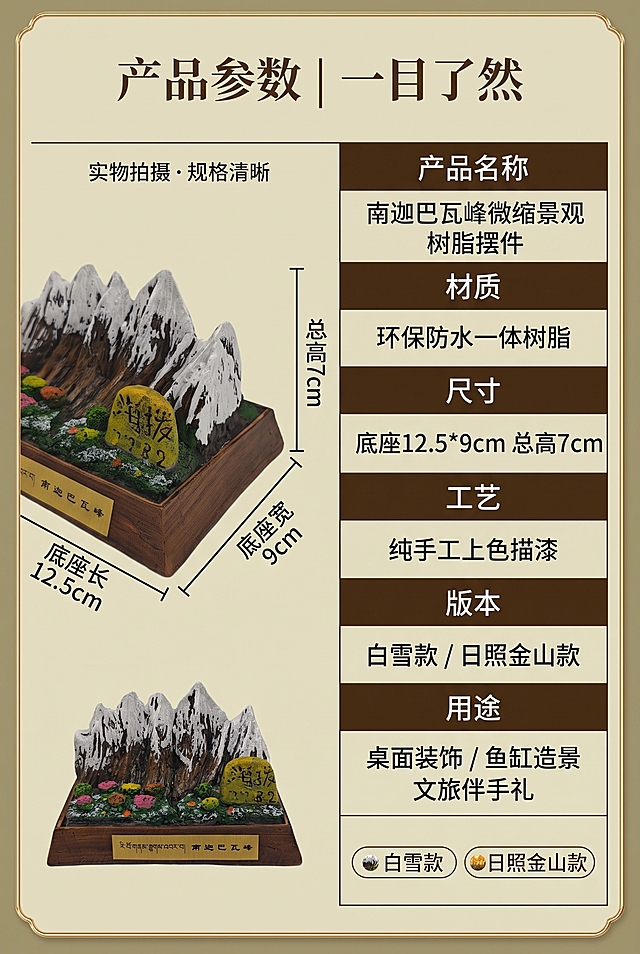 「图片1」「图片1」「图片1」「图片1」「图片1」「图片1」，生成电商详情页（10张），产品名称：南迦巴瓦峰微缩景观树脂摆件
产品类型：家居饰品 / 文旅工艺品 
产品规格：环保树脂一体成型，纯手工上色描漆，静态装饰摆件，支持桌面摆放、鱼缸造景、文旅伴手礼
产品尺寸：底座长 12.5cm× 宽 9cm，整体高度 7cm
核心卖点：
微缩复刻南迦巴瓦峰群峰地貌 
纯手工上色描漆，花草细节层次丰富 
环保防水树脂材质，适配鱼缸造景
藏汉双文金属铭牌，藏地文化属性强
双版本外观可选，多场景适配
主色调：雪山哑白色 (#F8F9FA) + 岩石深褐色 (#5D4037)
辅助色：草甸翠绿色 (#2E7D32)、海拔石明黄色 (#FBC02D)、铭牌鎏金色 (#FFD700)
设计风格：写实自然微缩景观风格，仿真雪山山体雕塑工艺，手工上色还原真实山脉肌理与高山植被细节，搭配仿木纹底座与金属铭牌，融合藏地文旅纪念属性；铭牌字体为藏文书法体搭配中文黑体，整体偏自然治愈的户外文创设计风
目标受众：18-60 岁户外徒步爱好者、藏文化追随者、雪山旅游纪念收藏者、家居软装人群、水族造景玩家、文创礼品采购人群；消费层级覆盖大众至中端，适配旅行伴手礼、宗教文化礼品、桌面装饰需求
品牌调性：无品牌通用文旅文创产品，调性自然治愈、户外朝圣、精致纪念，主打南迦巴瓦峰地标景观的文化纪念与收藏价值
包装亮点：一体式微缩景观还原南迦巴瓦峰主峰群地貌；仿木纹底座搭配藏汉双文金属铭牌；景观石标注海拔 7782 强化真实地标属性；分白雪款与日照金山（鎏金）款两种视觉版本；树脂防水可入水适配鱼缸造景
推荐视觉风格：户外自然风静物摄影、藏式禅意桌面场景实拍
推荐文字效果：藏式衬线字体搭配烫金描边，深木色无衬线字体分栏排版
特殊需求：无需模特；需要场景（禅意书桌、鱼缸造景、户外露营桌面场景）；无需数据可视化；必须全程展示产品实物，可增加白雪款 / 日照金山款双款式对比图，突出手工上色与防水造景特性，适配 淘宝/天猫平台，详情页比例为2:3