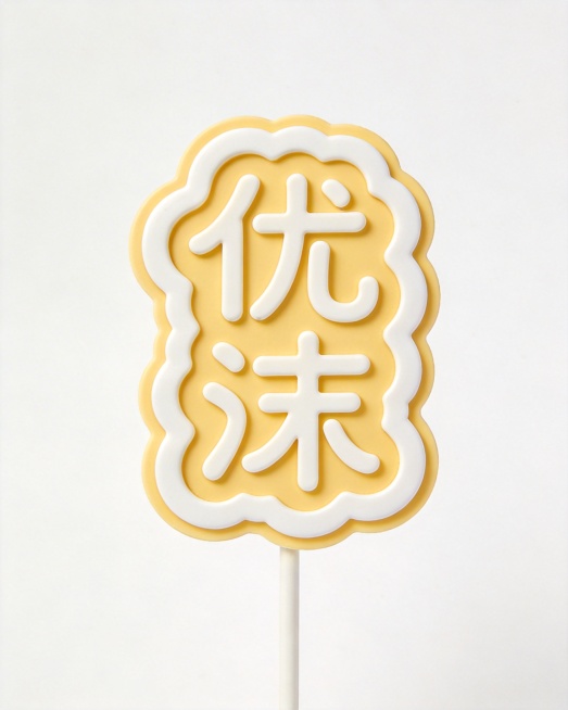 设计一款全新的蛋糕插牌，仅保留中文"优沫"，字体做不规则曲线变形，保持云朵状不规则外轮廓加宽边奶白边框，底部插杆，清新鹅黄色搭配奶白色配色，简约春日风格，纯白背景预览效果