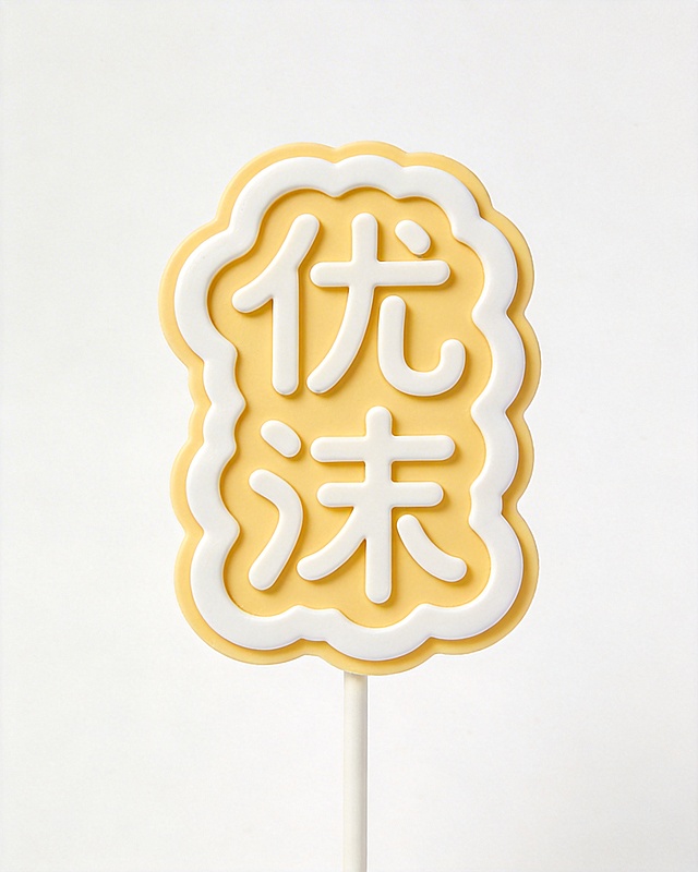 设计一款全新的蛋糕插牌，仅保留中文"优沫"，字体做不规则曲线变形，保持云朵状不规则外轮廓加宽边奶白边框，底部插杆，清新鹅黄色搭配奶白色配色，简约春日风格，纯白背景