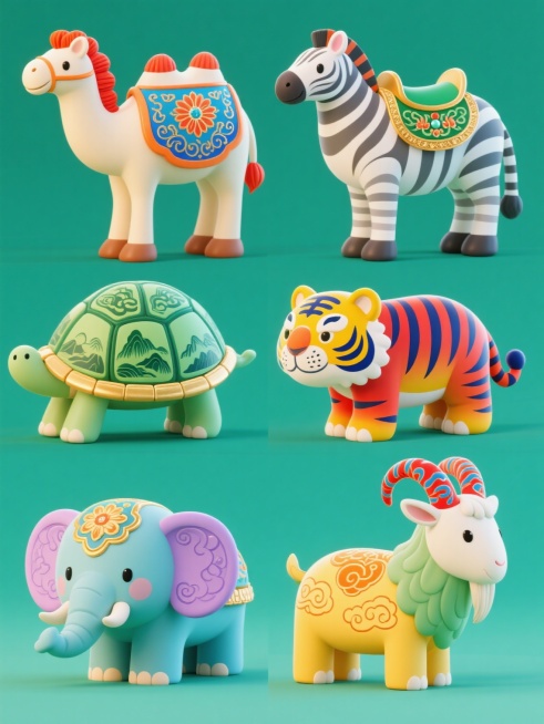 中国传统吉祥纹样风格插画合集，以规整网格排布六个独立动物形象：骆驼身披蓝绿缠枝宝相花纹鞍垫，脚下祥云纹；斑马鬃毛与条纹饰以橙红渐变缠枝莲纹，四蹄踏金纹；老虎皮毛缀黄蓝回纹，额间饰绿底火焰宝珠纹；乌龟背甲绘青绿山水纹样，边缘描金线；大象耳郭染粉紫缠枝纹，象牙雕宝相花；山羊双角盘绕红蓝卷草纹，周身飘橙黄祥云。整体采用工笔重彩技法，动物造型圆润可爱，纹样线条细腻流畅，每个形象背景为纯色且色彩各异（如……预览效果