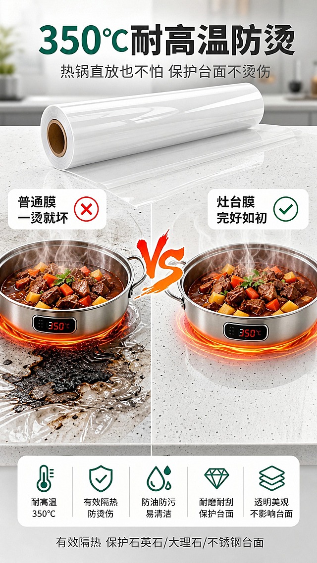 [商品] 使用【图1】透明卷材灶台膜；保留白色透明卷状形态、纸筒内芯、表面光泽质感、膜体透明材质；产品为自粘式厨房灶台保护膜，真实功能方向为耐高温隔热。
[画面] 页面目标：耐高温防烫性能测试，可视化证明350℃防烫能力。构图：竖版9:16，左右对比式布局，左侧普通膜烫坏场景，右侧本产品完好场景。主体位置：画面中部，左右各一半台面，左侧普通塑料膜被热锅烫出焦痕/融化，右侧铺贴灶台膜的台面放上同样的热锅完好无损。上方放一卷灶台膜产品。产品占画面约25%。景别：中景特写。前中后景：前景台面对比，中景热锅+高温特效，后景厨房背景虚化。阅读动线：从上至下，左右对比。
[视觉] 套系策略：风格=现代简约家居商业摄影风；标题字=粗黑体无衬线；正文字=常规无衬线体；主色=白色+浅灰色；背景延展=基于白色和浅灰做深浅层级、同色渐变和细腻石材/金属质感；强调色=橙红色（仅用于高温特效、小面积图标和标签）+ 墨绿色（用于卖点图标和强调文字）；标题色=深炭灰；正文色=中灰色；组件=圆角白底信息卡、细线引线、图标化卖点条；光影=左前侧自然光，明亮通透，台面有柔和反光。
[文字] 顶部主标题"350℃耐高温防烫"，副标题"热锅直放也不怕 保护台面不烫伤"。左侧标注"普通膜 一烫就坏"配红叉，右侧标注"灶台膜 完好如初"配绿勾。底部小字说明"有效隔热 保护石英石/大理石/不锈钢台面"。所有文字横排，不遮挡产品核心对比区域。
[规格] 图片比例9:16竖版，4K，避免变形、错字、文字过小、冷蓝/蓝灰背景、产品颜色改变、材质失真、极限词。