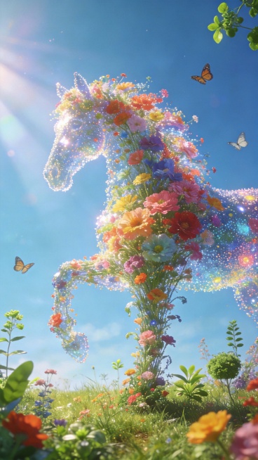 超现实主义，未来，梦幻光影效果，蓝天背景，高级颗粒质感，色彩半调图案，下面是草坪，很多不同颜色的艳丽花朵，花朵向上逐渐生长成马的形状，粒子通透，视觉错觉，四周有蝴蝶，小绿植，其他植物，光从一侧洒下来，预览效果