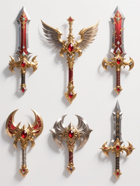 白色背景上，六个完全不同的高细节3D渲染奇幻武器系列素材规整排布，保持统一的华丽游戏风格，每个武器均具有金属质感的主体、金色与红色的点缀、宝石镶嵌细节和翅膀状装饰元素，光影效果突出立体感，整体呈现史诗级装备的视觉冲击力。预览效果