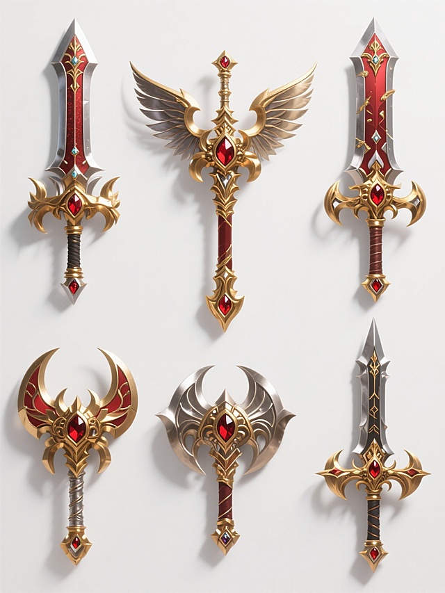 白色背景上，六个完全不同的高细节3D渲染奇幻武器系列素材规整排布，保持统一的华丽游戏风格，每个武器均具有金属质感的主体、金色与红色的点缀、宝石镶嵌细节和翅膀状装饰元素，光影效果突出立体感，整体呈现史诗级装备的视觉冲击力。