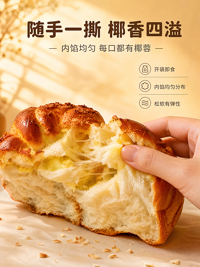 [商品] 使用【图3】黄金椰蓉吐司面包剖面（掰开状态）；保留剖面的椰蓉内馅层次、面包气孔组织、拉丝质感与掰开的自然形态；在此基础上增加一只手正在撕面包的动作（手部自然，亚洲人手型），展示食用便捷性与内馅分布；不改变面包本身的结构、颜色与比例。
[画面] 页面目标：食用方式与细节展示，通过手撕动作瞬间呈现面包松软度与内馅分布。构图：动作瞬间型，画面中心偏下为手撕吐司的动态瞬间，一只手从右侧撕开吐司，拉丝效果清晰可见，吐司与手部合计占画面约65%；背景为浅米色干净背景，前景散落少量椰蓉碎，中景为手撕吐司主体，后景为虚化的暖光晕，形成3层视觉层次。暖光从左上方打来，突出撕开断面的椰蓉内馅与面包拉丝质感。
[视觉] 套系策略：风格=暖调温馨家常商业摄影风；标题字=圆润无衬线粗体（思源黑体Heavy类）；正文字=简洁无衬线体（思源黑体Regular类）；主色=暖橙黄（取自面包酥皮）；背景延展=基于暖橙黄做深浅层级、同色渐变与细腻纸张/木质感；强调色=深棕褐色，仅用于小面积图标、引线和标签；标题色=深棕褐色；正文色=中暖灰；组件=圆角浅米色信息卡、细棕线引线、小圆点icon；光影=左前侧暖柔光，自然明暗过渡。背景、道具、卡片按主色做深浅/明暗/材质延展；强调色只用于小面积图标、引线、标签或局部光效；产品信息面清晰，逆光只作背景或轮廓光。
[文字] 画面顶部居中主标题「随手一撕 椰香四溢」（8字），副标题「内馅均匀 每口都有椰蓉」（10字）；画面右侧竖排（文字本身横向，排列为上下顺序）3个细节说明：「开袋即食」「内馅均匀分布」「松软有弹性」；文字不遮挡手撕动作核心区域，所有文字横向排版，手机端可读。
[规格] 图片比例3:4竖版，4K分辨率，负向提示：避免变形、错字、文字过小、冷蓝/蓝灰背景、面包颜色改变、手部不自然、拉丝过度夸张、绝对化用语。