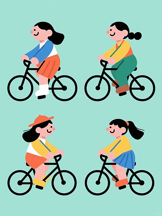 四个不同造型的骑自行车女孩的系列插画，每个女孩穿搭各异，保持原有的扁平风格、简洁线条、圆润造型和明亮色彩，纯色背景，规整排布，整体色彩变换，每个女孩都骑着黑色自行车，姿态相似，表情愉悦，细节丰富，构图平衡，视觉统一。
