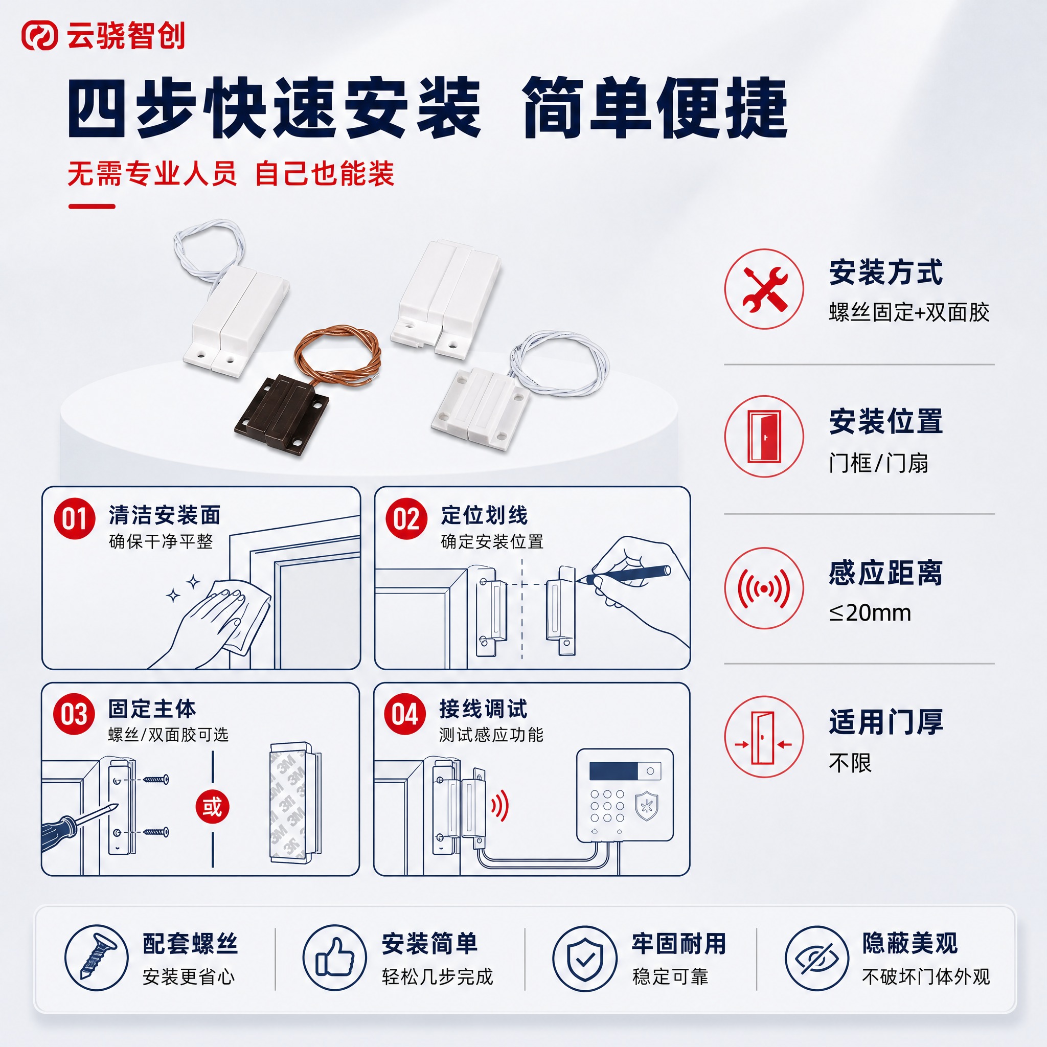 [主图-4] 安装步骤类主图，展示有线门磁开关的安装流程，让用… - 图片创意预览