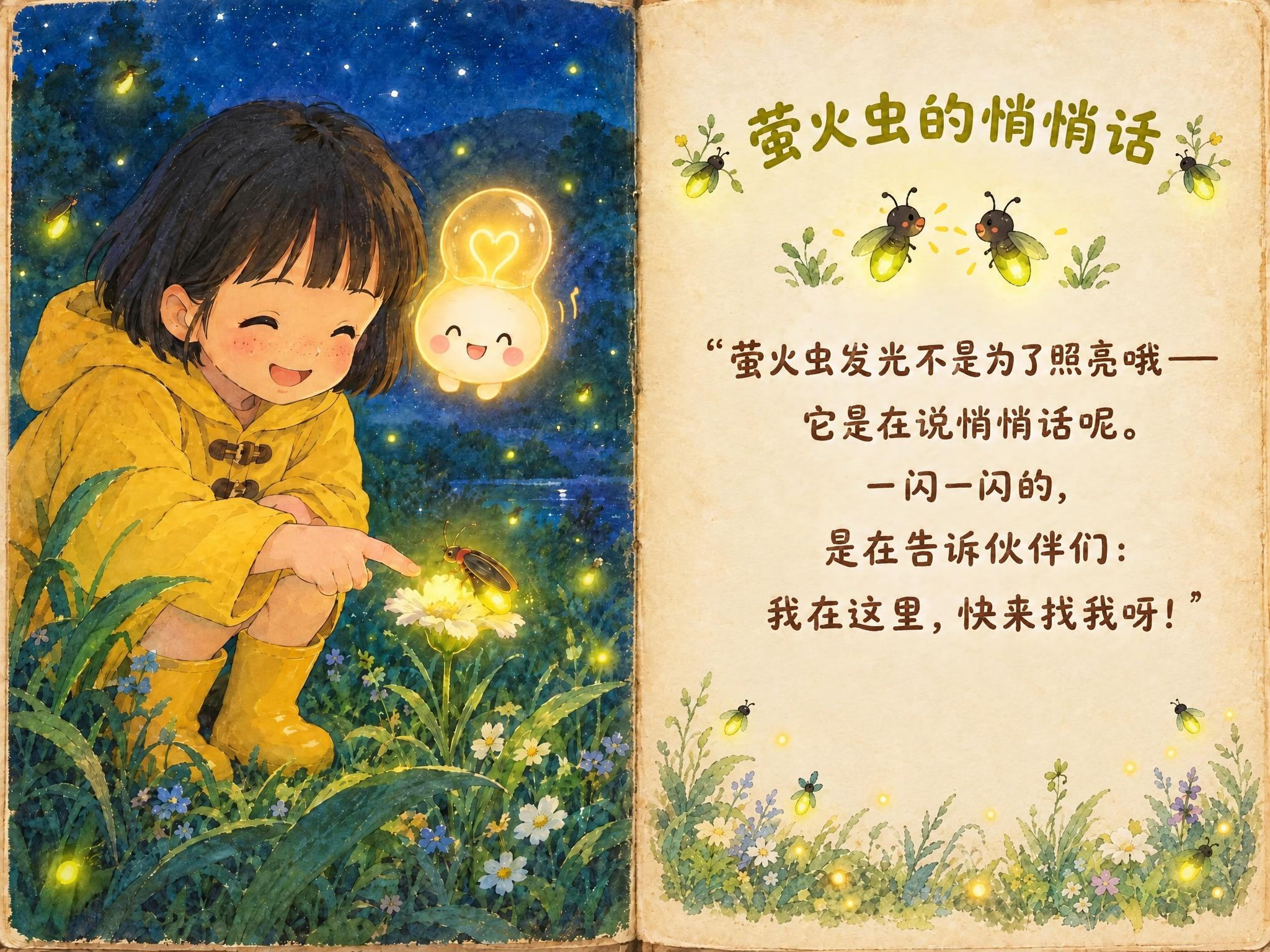 儿童绘本故事跨页，横版左图右文布局，对开页中间有书脊缝隙。左侧… - 图片创意预览