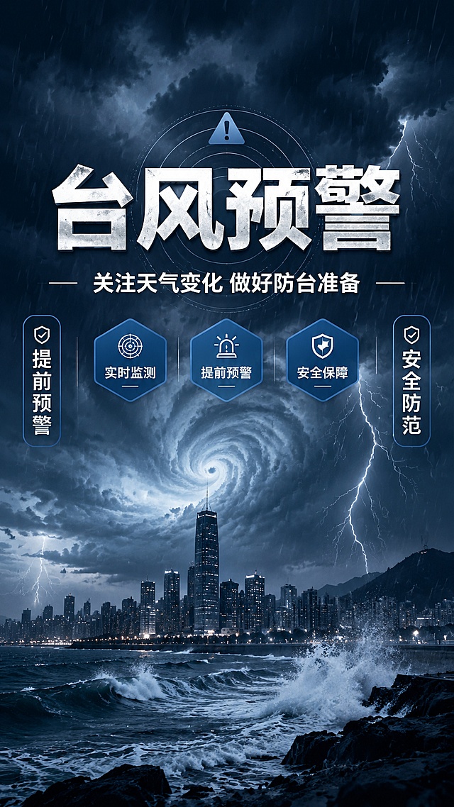 写实商业摄影风格台风预警宣传海报，主视觉为阴沉风雨交加的天空乌云背景，居中放置大标题"台风预警"，副标题为"关注天气变化 做好防台准备"，装饰文案为"提前预警"和"安全防范"放在两侧，三个卖点标签：实时监测、提前预警、安全保障，排版精美，专业警示风格，色调偏深蓝色体现预警氛围，四边留足安全边距，文字清晰可读，整体层级分明，信息清晰，超高清画质，构图稳定。