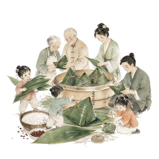 生成类似参考图的中式水墨风端午包粽子场景插画，包含粽子、蒸笼、一家人，古风国风，淡绿色调，透明背景，png格式素材预览效果
