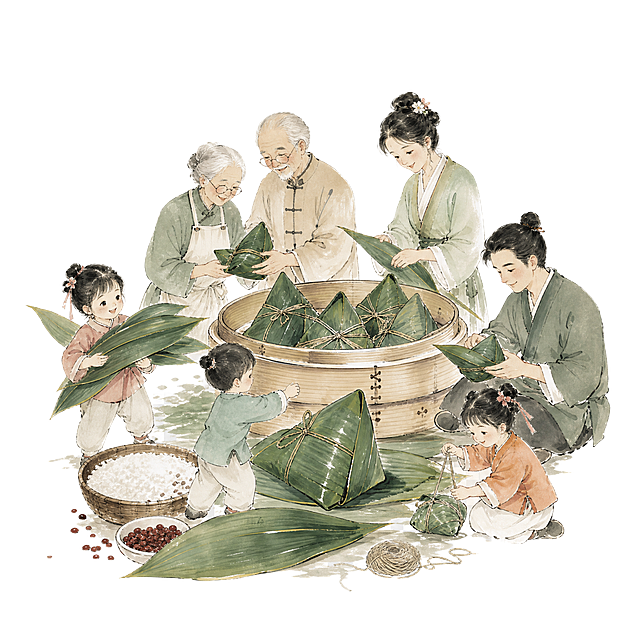 生成类似参考图的中式水墨风端午包粽子场景插画，包含粽子、蒸笼、一家人，古风国风，淡绿色调，透明背景，png格式素材