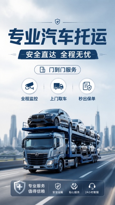 现代简约商业风汽车托运服务宣传海报，画面主标题是"专业汽车托运"，副标题是"安全直达 全程无忧"，装饰文案是"门到门服务"，三个卖点分别是"全程监控"、"上门取车"、"秒出保单"。画面采用9:16比例预览效果