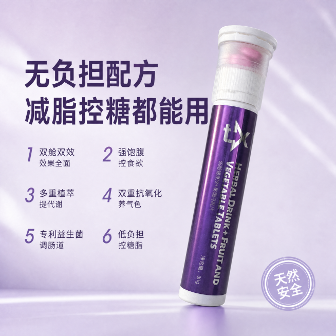 [主图-4] 7D双舱植萃果蔬纤维片整体卖点总结，突出无负担配方优势
[氛围风格] 轻盈健康生活风，现代简约
[画质] 商业摄影质感、光线柔和通透、产品清晰真实、画面干净高级
[元素] 单瓶产品斜放在预览效果
