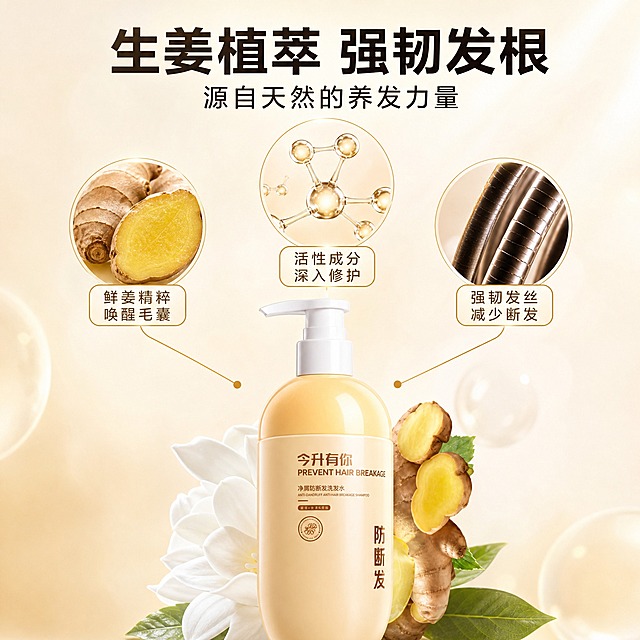 [主图-2] 核心功效成分解析，展示生姜植萃成分与防断发原理，强化专业背书。
[统一基调] 整体风格为植萃天然高级感，背景主色为暖米白渐变，标题字色为深棕黑色，辅助字色为暖姜黄色，强调色为生姜金棕色。主标题字体为干净非衬线粗体，说明文字为同系列常规体，字号层级清晰，卡片与图标采用圆角细线样式。
[画面] 产品瓶身位于画面下方居中，占画面约40%，正面完整展示。产品上方悬浮着核心成分可视化元素：左侧是新鲜生姜切片的放大特写，金黄姜肉纹理清晰，有细微的精油光泽；中间是3D分子结构小球，呈现半透明金黄色，象征生姜活性成分；右侧是几根强韧发丝的微观特写，发丝健康有光泽。三条纤细的引线从成分元素指向产品瓶身，建立成分与产品的关联。背景为柔和暖米白，带有淡淡的光斑效果。
[光影质感] 超写实渲染质感，成分元素有真实的体积感和光影，生姜切面有自然的水润光泽，分子球有玻璃通透感，发丝有细腻反光，产品光影与整体环境统一。
[配色] 暖米白背景为主，生姜金黄、分子球金棕、发丝深棕，文字深棕黑配暖姜黄点缀，色调与首图统一。
[文字版式] 画面上方主标题大字"生姜植萃 强韧发根"，下方副标题"源自天然的养发力量"。三个成分元素旁分别配有小标签文字：生姜旁标"鲜姜精粹 唤醒毛囊"，分子球旁标"活性成分 深入修护"，发丝旁标"强韧发丝 减少断发"。标签采用圆角细线框，文字清晰不拥挤。
[输出要求] 1:1正方形比例，文字清晰锐利，产品清晰完整，成分元素真实有质感，无变形错字，无水印无平台Logo。