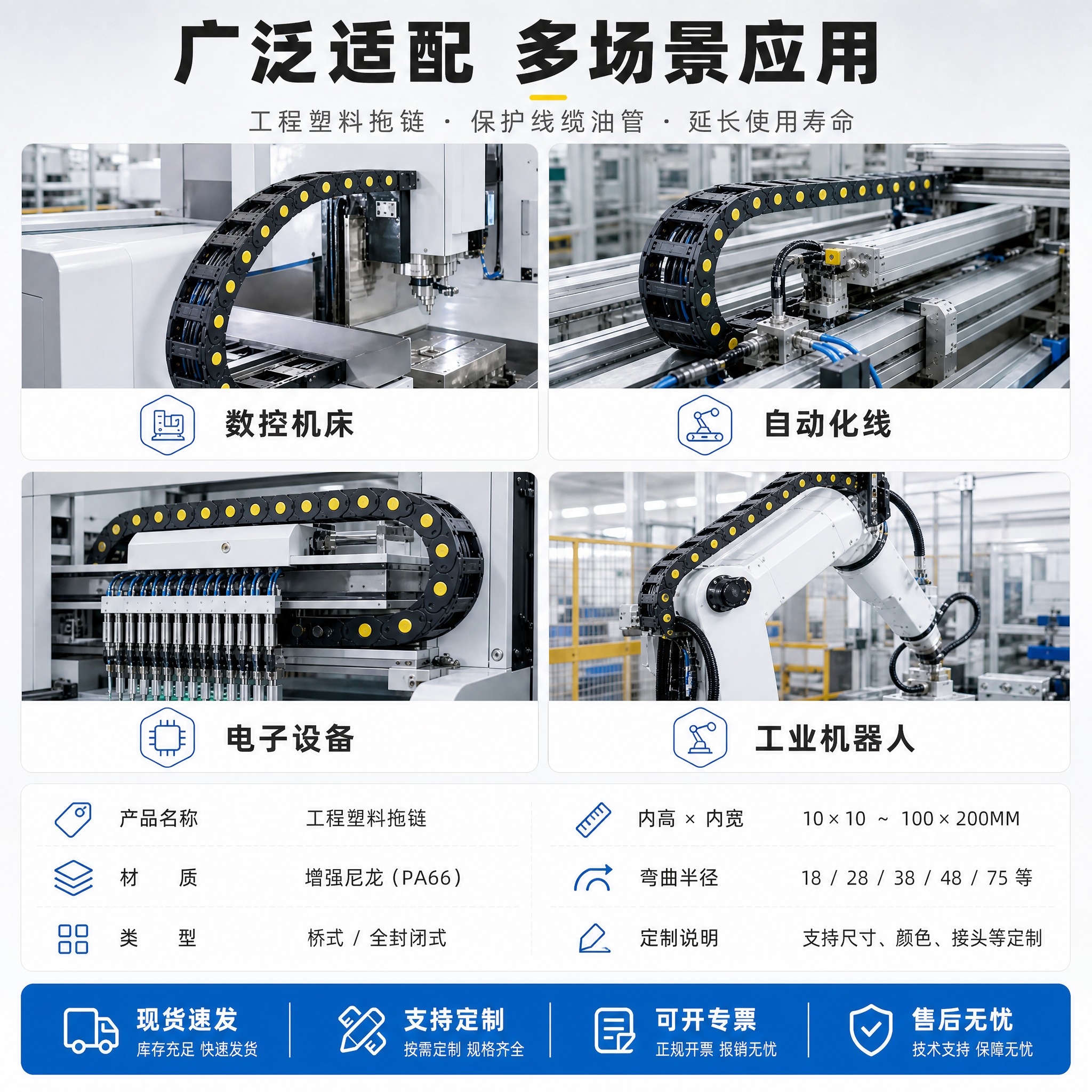 [主图-5] 工程塑料拖链 应用场景+参数收口。 [统一基调]… - 图片创意预览