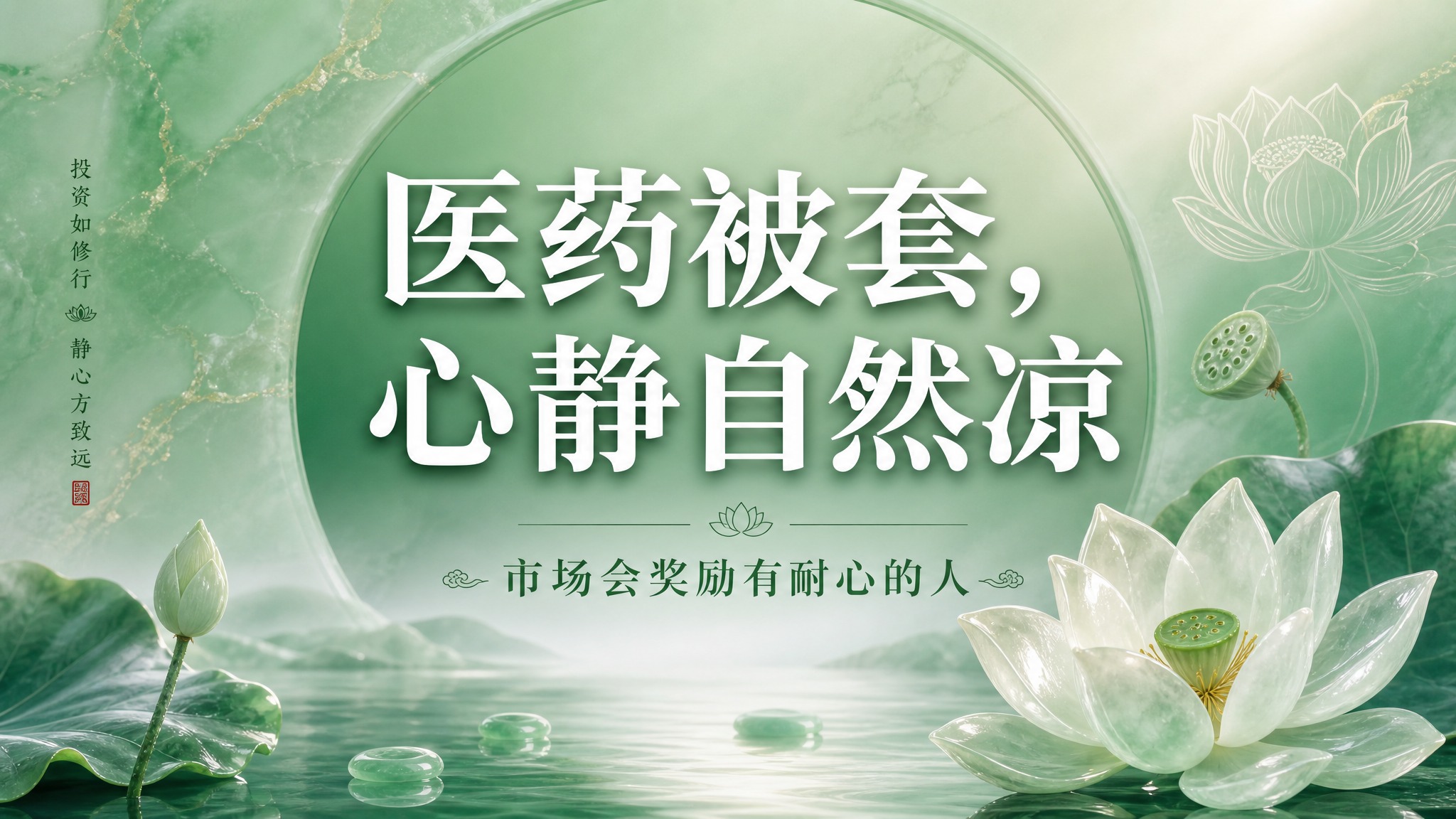 16:9横版股市财经海报，高级翡翠绿色渐变背景，带有翡翠玉石的… - 图片创意预览