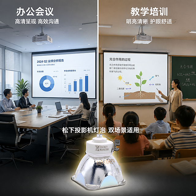 [主图-4] 松下投影机灯泡双场景应用展示图，办公+教学场景。
[氛围风格] 真实场景感，办公+教学双场景，实用专业；
[画质] 商业场景摄影质感、光线自然真实、产品融入环境、画面干净有层次。
[元素] 画面采用左右分屏布局，展示两大使用场景。左侧：办公会议室场景，现代化明亮的会议室中，吊装的松下投影机正投射出清晰的商务数据PPT画面到大投影幕布上，会议桌、办公椅、笔记本电脑、绿植等元素丰富，体现商务办公使用场景，参会人员背影或局部。右侧：教学教室场景，明亮的多媒体教室中，吊装的松下投影机正投射出清晰的教学课件画面到大投影幕布上，课桌椅、黑板、粉笔等教学元素，学生背影或局部，体现教学使用场景。画面中央底部位置放置松下投影机灯泡产品图（银色反光灯杯、白色陶瓷顶部、金属固定片），灯泡有微光效果。**保持灯泡产品外观（即物理结构、材质质感、颜色、形状、金属固定片、顶部陶瓷结构）与输入产品图一致，杜绝任何变形和色差，精细化处理；场景图中的投影机和投影画面需真实可信，灯泡产品自然融入不突兀**。
[光影] 办公场景明亮冷白光，体现专业商务感；教学场景明亮暖白光，体现温馨教学感。灯泡产品有独立打光，金属灯杯有高光。
[配色] 左侧冷白蓝调（办公）；右侧暖白橙调（教学）；灯泡产品保持本色银白+白色陶瓷。
[视角构图] 左右分屏场景布局，灯泡产品置于画面底部中央作为连接元素，两个场景各自有独立的透视和景深，整体和谐统一。
[文字版式] 办公场景上方标注"办公会议"白色粗体中号字，下方小字"高清呈现 高效沟通"。教学场景上方标注"教学培训"白色粗体中号字，下方小字"明亮清晰 护眼舒适"。灯泡上方标注"松下投影机灯泡 双场景适用"白色粗体。文字均放在负空间，不遮挡场景主体和灯泡。
[输出要求] 1:1比例，文字清晰锐利，超高清商业场景摄影质感。
[负向提示词] 变形，文字错乱，产品图模糊，背景杂乱，水印，电商平台Logo，多余的手，畸形手，人物面部扭曲。