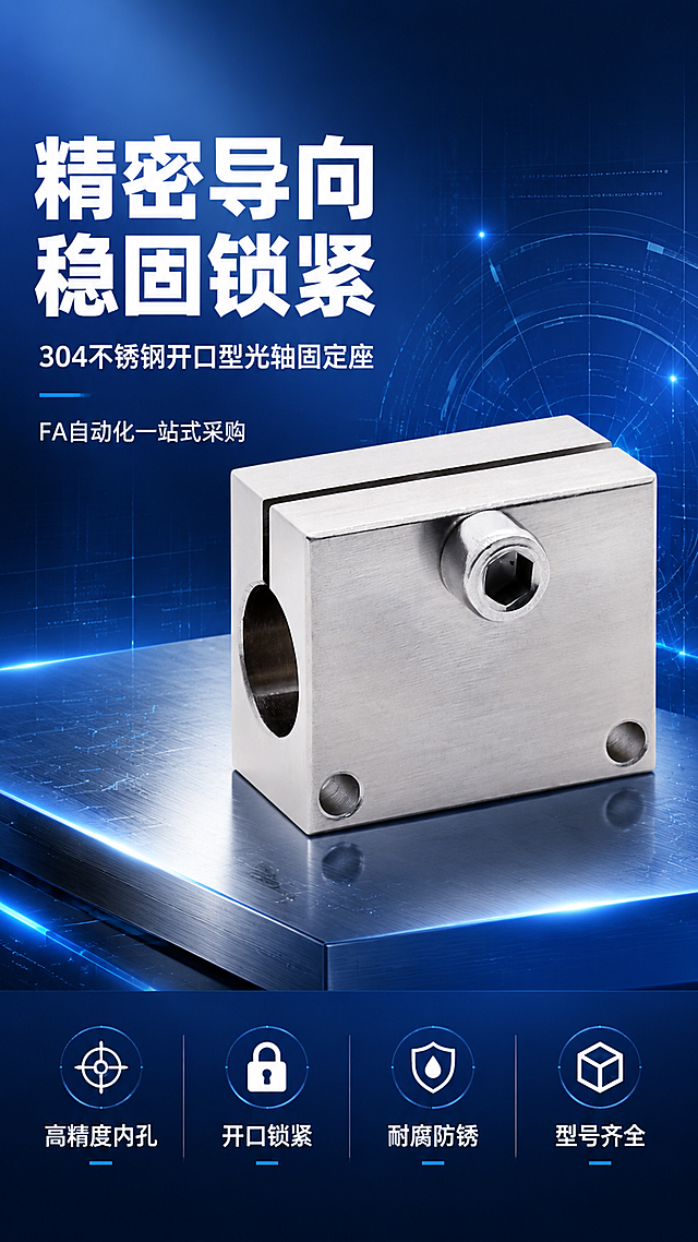 [第1张] 详情页头图-不锈钢开口型直线光轴固定座主视觉海报。本张使用【图1】作为商品主体，保持产品物理结构、比例轮廓、材质质感与输入图一致。
[氛围/风格] 工业精密科技风，深蓝渐变背景，金属质感强烈，专业严谨的工业设计语言，商业摄影级质感。
[元素布局] 产品置于画面中央偏右位置，占比约55%-60%，45°斜侧视角展示全貌；左侧为标题文案区；背景为深蓝色渐变，点缀精密网格线、机械线条、光点粒子等工业科技元素；底部有金属质感台面承托产品，营造悬浮感；产品表面拉丝纹理清晰，内孔与锁紧螺丝细节完整。
[光影质感] 左上方主光源打亮产品正面与顶面，右侧辅光勾勒侧面轮廓，底部有柔和反光，金属高光锐利分明，整体明暗层次丰富，突出不锈钢材质质感。
[配色色系] 全局底色 #0A2463（深蓝）渐变至 #1E3A8A；主色银白金属色；辅助色 #3E92CC（科技蓝）、#FFFFFF（白色文字）。
[视角构图] 45°斜侧微仰视，产品为视觉中心，阅读动线左上标题 → 中部产品 → 底部信息条。
[文字版式] 版式为左侧标题 + 右侧产品 + 底部信息条。主标题「精密导向 稳固锁紧」，副标题「304不锈钢开口型光轴固定座」，两行白色粗黑体左对齐；主标题下方小字「FA自动化一站式采购」；底部横排信息条展示4个核心标签：「高精度内孔」「开口锁紧」「耐腐防锈」「型号齐全」，每个标签配简约工业图标；文字不遮挡产品主体。
[比例分辨率] 9:16 竖版比例，4K 分辨率，文字清晰可辨，高清画质。
[负向提示词] 产品变形，缺件错件，结构错误，颜色偏差，水印，文字错乱，文字过小，产品图模糊，背景杂乱，塑料质感。