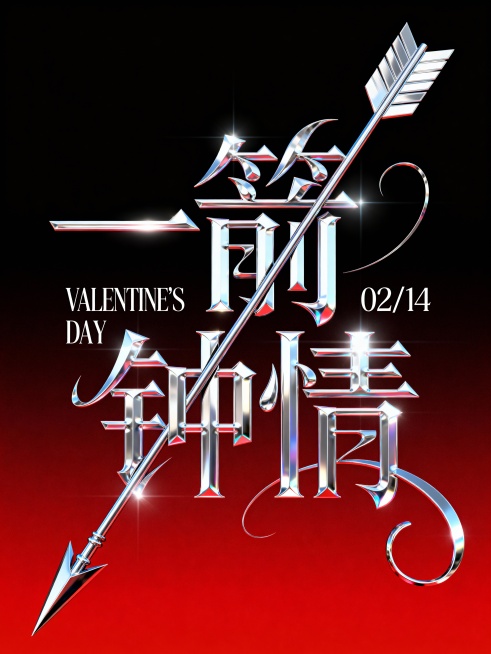 主体 “一箭钟情”，采用实验字体风格（酸性艺术概念性混合创意字体设计，字形瘦长的衬线体），字体笔画进行抽象的解构变形（流线型与几何化线条交织，字形极度变形，拆分重新组成字，笔画变形延长，文字部分笔画置预览效果