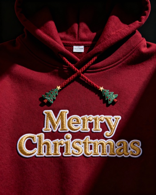 参考图片，生成一张4：5的圣诞广告海报，圣诞红卫衣，卫衣的帽绳摆成圣诞树的形状，胸前的标换成Merry Christmas英文字母3D立体刺绣，刺绣细腻逼真，接近工业绣花机的刺绣效果预览效果