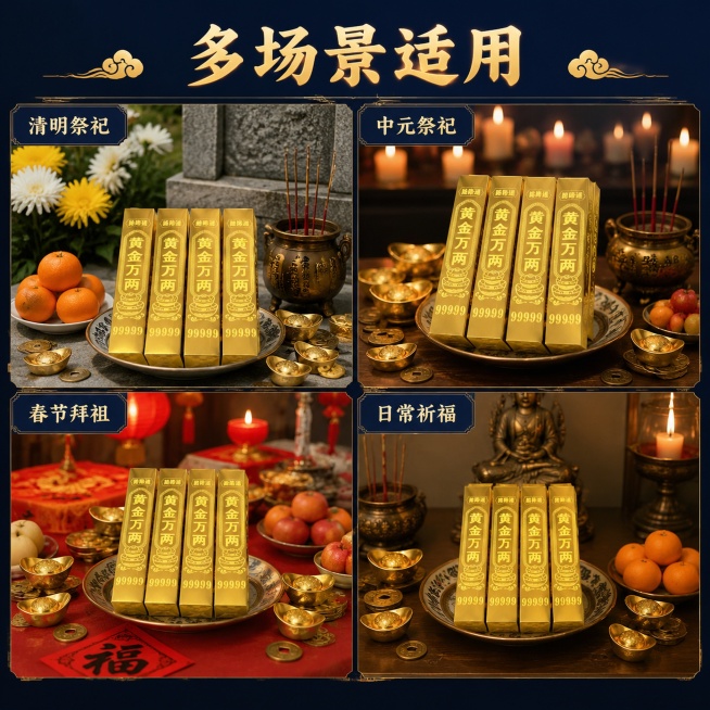 [主图-3] 适用场景展示
[氛围风格] 场景化展示，真实自然
[画质] 商业摄影质感，清晰通透
[元素] 保持产品外观与原图完全一致，四宫格展示不同祭祀场景，分别为清明祭祀、中元祭祀、春节拜祖、日常预览效果