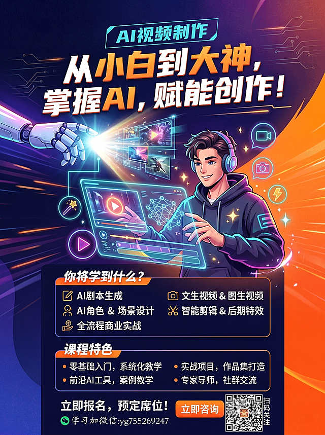 将图片顶部标题文字“AI视频制作精英训练营”改为“AI视频制作”，保持其余所有内容、风格、版式、配色不变