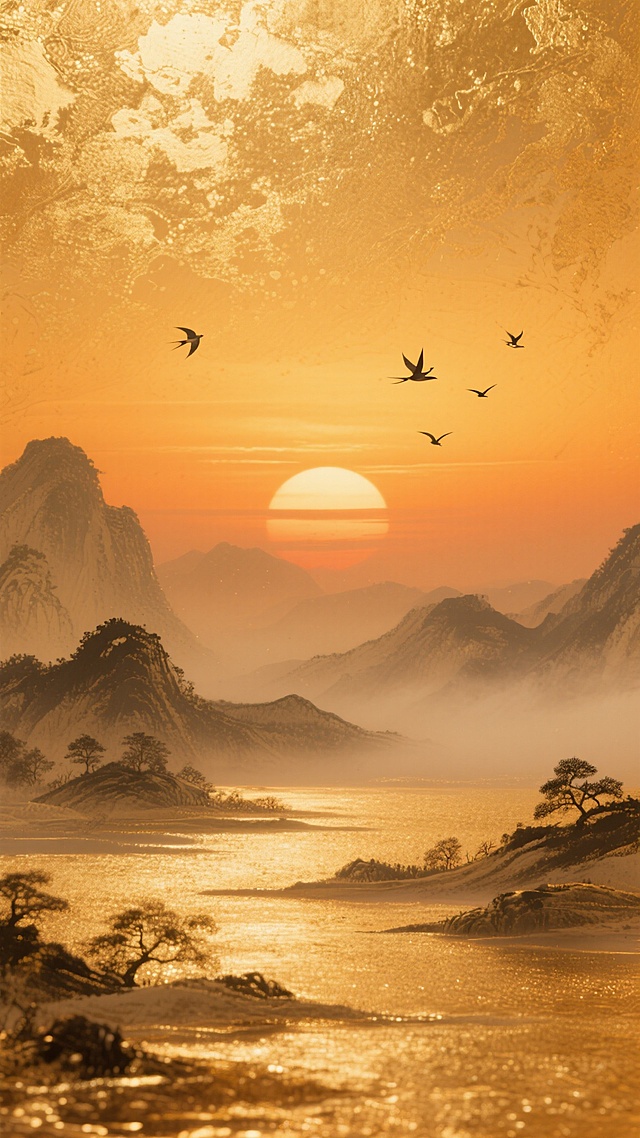 中式典雅背景，金箔质感的纹理，整体呈现温暖的落日色调，从橙黄渐变至暖金，光线柔和，带有细腻的斑驳光影效果，背景中融入写意山水轮廓，远山如黛，近水含烟，几只飞鸟点缀天际，营造出宁静悠远的氛围，画面整体风格统一，色彩和谐，细节丰富，具有传统中式美学韵味。