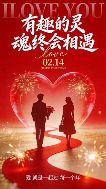 大红色纯色背景，带有半透明浅红色英文“I LOVE YOU”底纹，顶部是白色毛笔书法字体“有趣的灵魂终会相遇”，下方搭配金色手写英文“love”、数字“02.14”及小字“CHINESE SOLAR预览效果