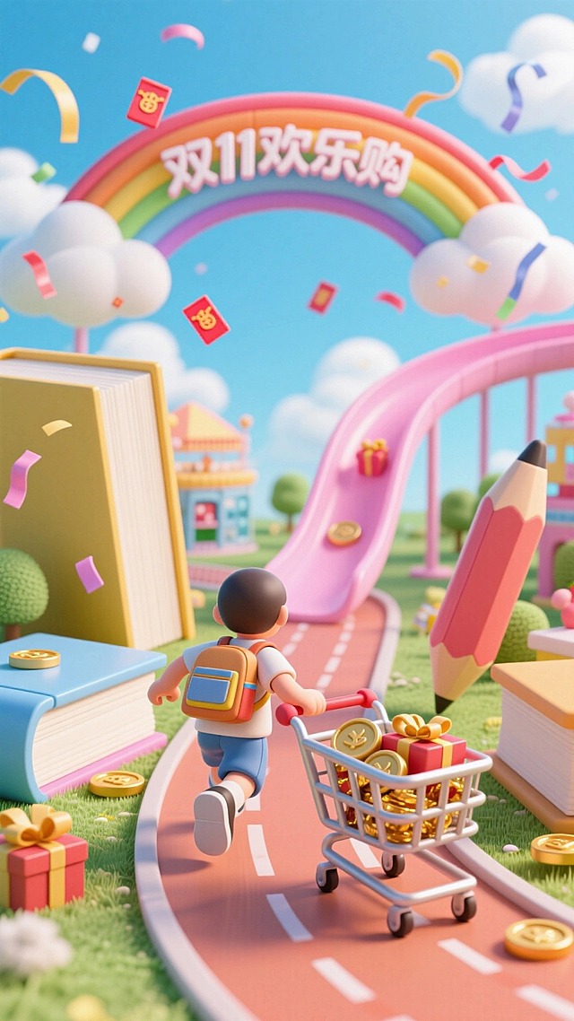 跑道两边是巨大的书本和笔，背着书包的背影拉着装满金币、礼物的购物车朝拱门方向跑去，“双11欢乐购” 彩虹拱门延伸出粉色购物滑梯跑道，空中点缀彩带、红包，背景是蓝天白云下的童趣购物乐园