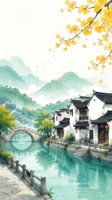 绘制一幅欢潭村江南古村落风景的清新国风色彩插画，画面展现江南水乡古村风貌，包含白墙黑瓦微派建筑、石拱桥、清澈河流、远山葱郁，前景点缀金黄银杏叶，整体色彩清新明快，青绿色为主色调，风格是平涂国风插画，层预览效果