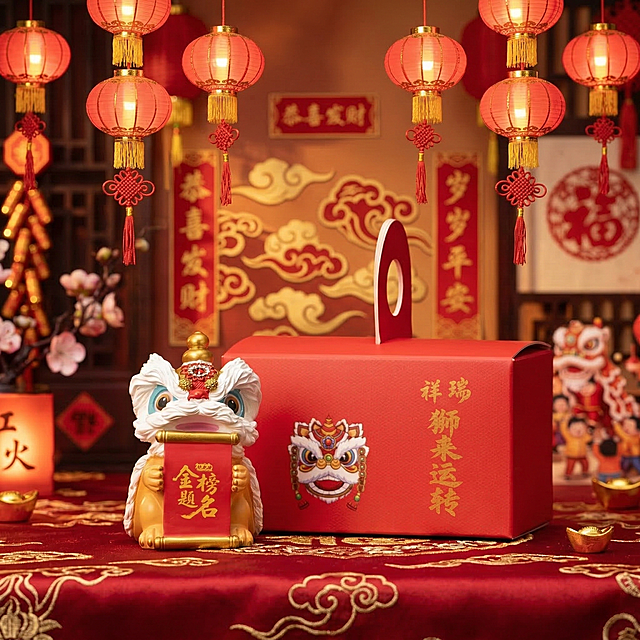 保留原图中的醒狮摆件和红色礼盒主体，将背景替换为喜庆的新春中式背景，有红色灯笼、金色祥云元素，氛围热闹红火，突出主体物品