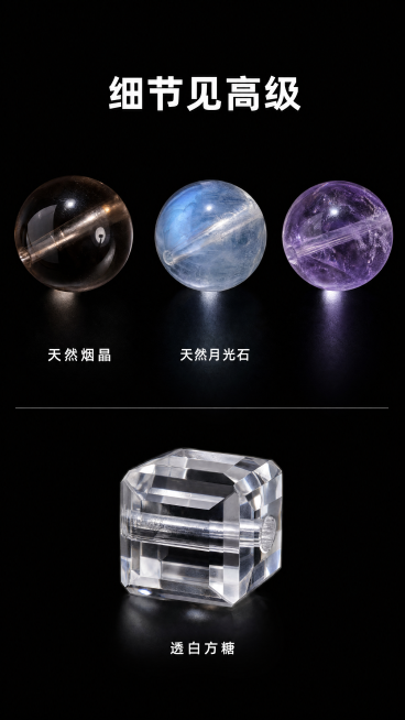 [第3屏] 细节工艺展示-多宝水晶珠子与方糖隔珠微距特写。本屏使用【图1】作为商品主体。
[氛围/风格] 微距特写质感，暗黑高级调，突出水晶材质通透感与切割工艺，商业珠宝摄影细节质感。
[元素布局]预览效果