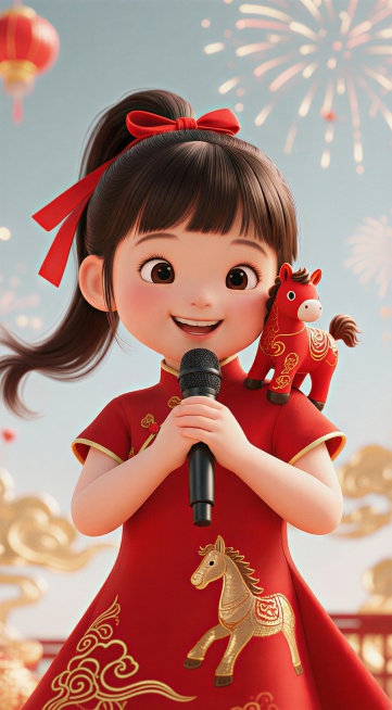 将小女孩改为拜年的姿势，手上拿着一个无线话筒，像一个小主持人一样预览效果