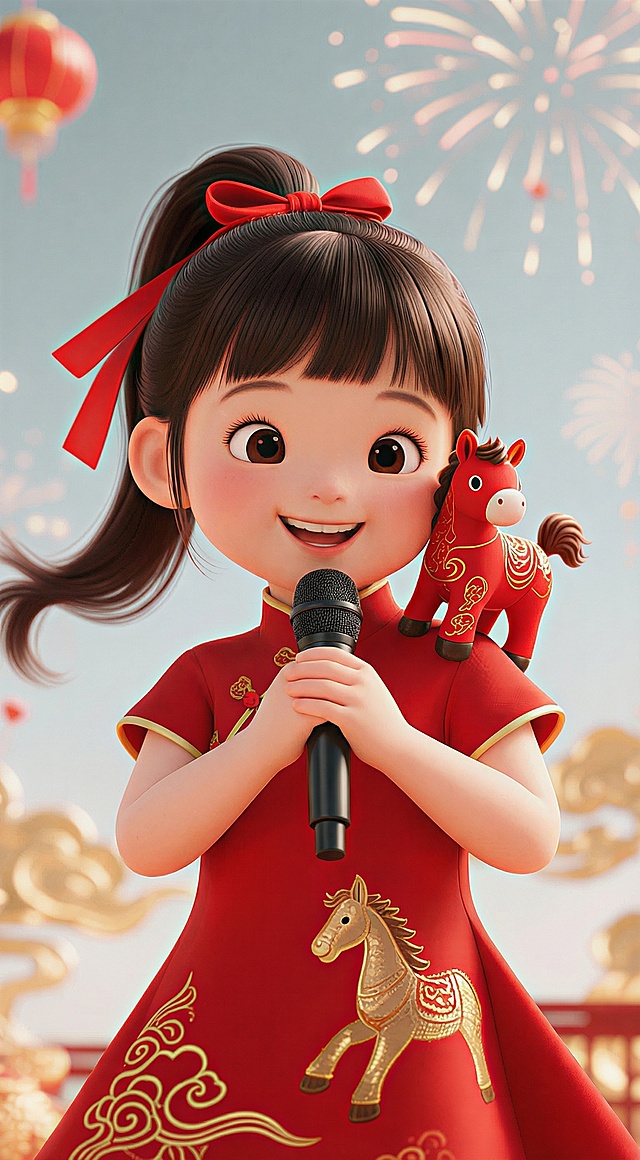 将小女孩改为拜年的姿势，手上拿着一个无线话筒，像一个小主持人一样