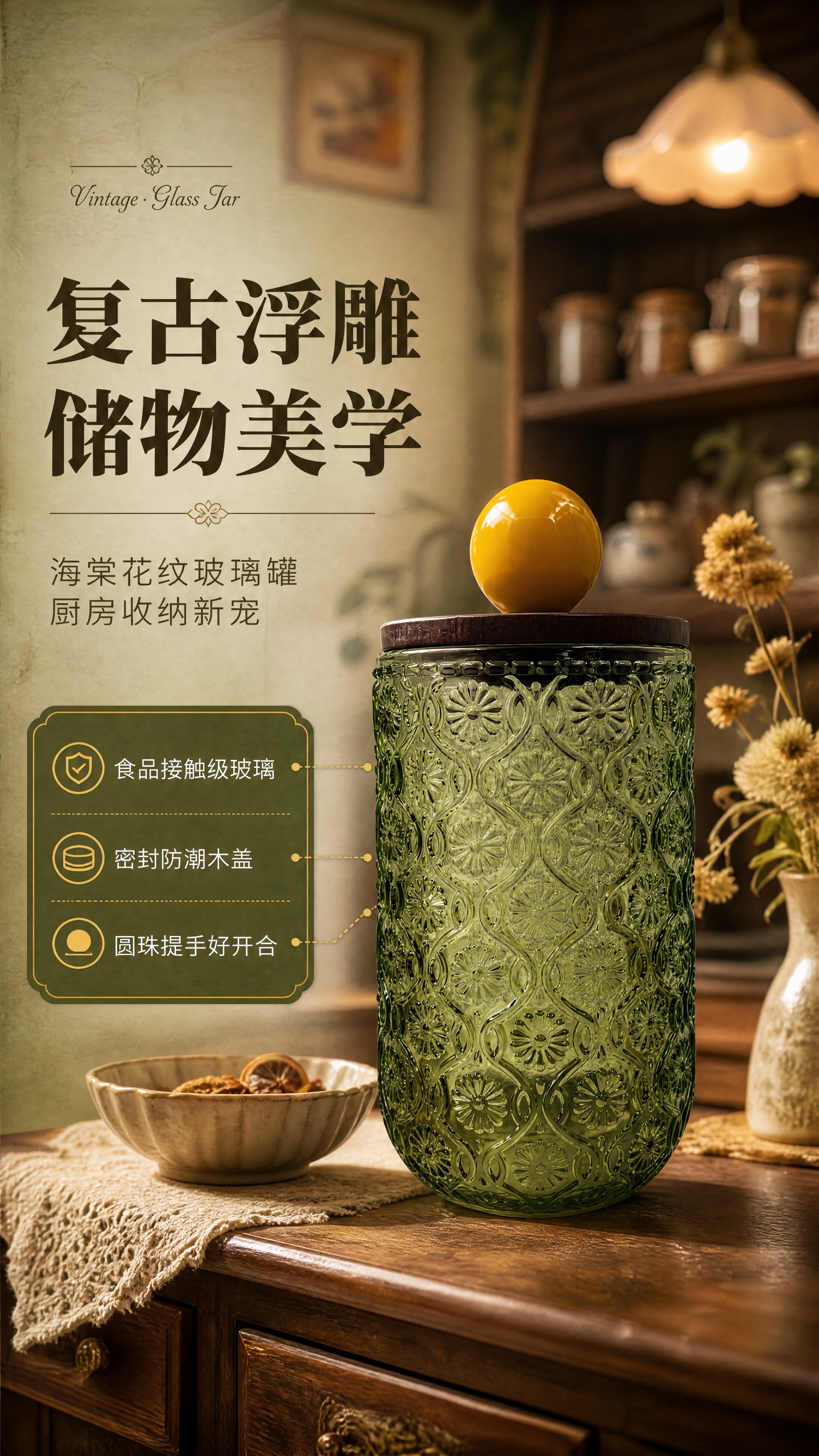[商品] 使用【图1】复古橄榄绿浮雕玻璃储物罐；保留圆柱瓶身、… - 图片创意预览