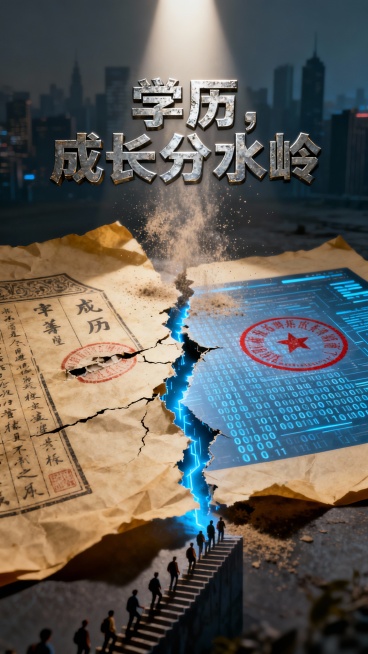 [image-一张被从中间撕裂的泛黄“户籍纸”，裂缝处透出冰冷的数字蓝光。左侧纸上印着古典的“公民”字样与破损印章，右侧则变成由二进制代码和红色“拒”字印章组成的“黑户”界面。一束顶光打下，尘埃在裂缝预览效果