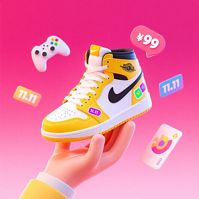 3D风格潮流鞋款，融合软3D质感与霓虹灯元素，孟菲斯色彩碰撞，搭配游戏手柄与促销标签，营造科技感十足的双11时尚购物氛围。