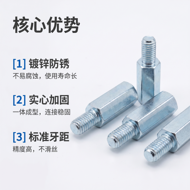 [主图 2] 镀锌六角连接柱核心卖点展示图。
[氛围风格] 专业工业简约风格，干净清爽，品质感强
[画质] 商业摄影质感、光线柔和通透、产品清晰真实、画面干净高级。保持产品外观（物理结构、材质质感、颜预览效果