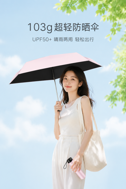 严格还原上传的超轻防晒迷你铅笔伞产品图，包括包装设计、颜色、LOGO位置、文字内容、图案元素等所有细节，产品尺寸为小巧迷你铅笔伞款式，尺寸比例保持1:1；整体采用马卡龙清新风，背景为浅天蓝色（#B4D预览效果