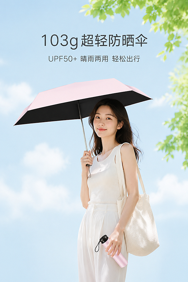 严格还原上传的超轻防晒迷你铅笔伞产品图，包括包装设计、颜色、LOGO位置、文字内容、图案元素等所有细节，产品尺寸为小巧迷你铅笔伞款式，尺寸比例保持1:1；整体采用马卡龙清新风，背景为浅天蓝色（#B4D8F0）渐变+淡淡的白云纹理，视觉干净清爽、高级柔和，无割裂感；画面主体为产品全景+夏日清爽穿搭的年轻女性模特（完美肌肤，浅色系穿搭），模特手持产品自然站立在户外树荫下，姿态舒展，突出产品便携与夏日氛围；主标题采用无衬线极简文字，居中对齐，字体纤细清晰，内容为"103g超轻防晒伞"，副标题为"UPF50+ 晴雨两用 轻松出行"，字体略小，与主标题形成大小层级对比；信息布局上，产品与模特居中，标题位于画面上半部分，底部留白，无多余文字，突出视觉美感；整体色调统一为马卡龙浅色系，光影柔和，突出产品的轻盈质感，背景无杂乱元素，凸显产品主体，模特妆容清透，与整体清新风格契合。