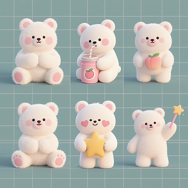 六个造型完全不同的立体风格小熊元素，每个小熊都有蓬松的白色毛发、粉色腮红和圆耳朵，第一个小熊双手抱胸坐着，第二个小熊用吸管喝饮料，第三个小熊抱着印有桃子图案的粉色罐子，第四个小熊脸颊旁有两个心形图案，第五个小熊抱着黄色星星，第六个小熊举着星星魔法棒，所有小熊均以规整的网格状排布在纯色背景上，保持可爱治愈的氛围和简约的线条勾勒