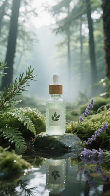 在晨曦微光穿透的松木森林中，透明磨砂玻璃材质的精油瓶身带有木质滴管盖，瓶身水珠晶莹剔透，瓶身标签印有月桂叶图案，放置在覆盖着晨露的蕨类植物丛中，周围散落着迷迭香枝叶与薰衣草花穗，精油瓶下方是湿润的青石，背景弥漫着薄雾，阳光透过树叶形成斑驳光影，水面倒映着精油瓶与植物的轮廓，整体呈现自然清新、宁静疗愈的氛围，画面色彩以森林绿、青石灰、晨雾白为主，光影柔和细腻，质感水润通透。预览效果