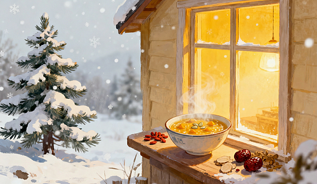 生成一张以冬至暖冬养生为主题的宽985高579的图片，图片中需要有温暖冬天场景元素