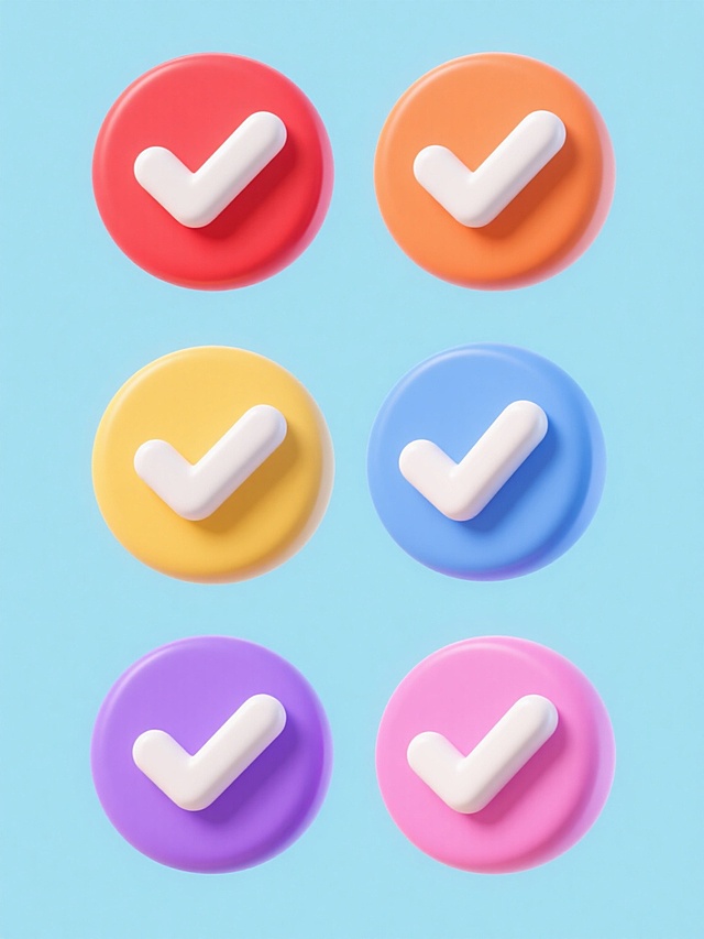 软3D风格图标集合，包含6个完全相同的白色对勾符号，每个对勾位于不同纯色背景的圆形中，圆形背景颜色分别为红色、橙色、黄色、蓝色、紫色、粉色，所有圆形图标规整地横向等距排布在画面中，整体构图简洁对称，色彩鲜明且饱和，保持软3D特有的轻微立体感和光滑材质表现，无任何文字、LOGO、二维码及额外装饰元素。