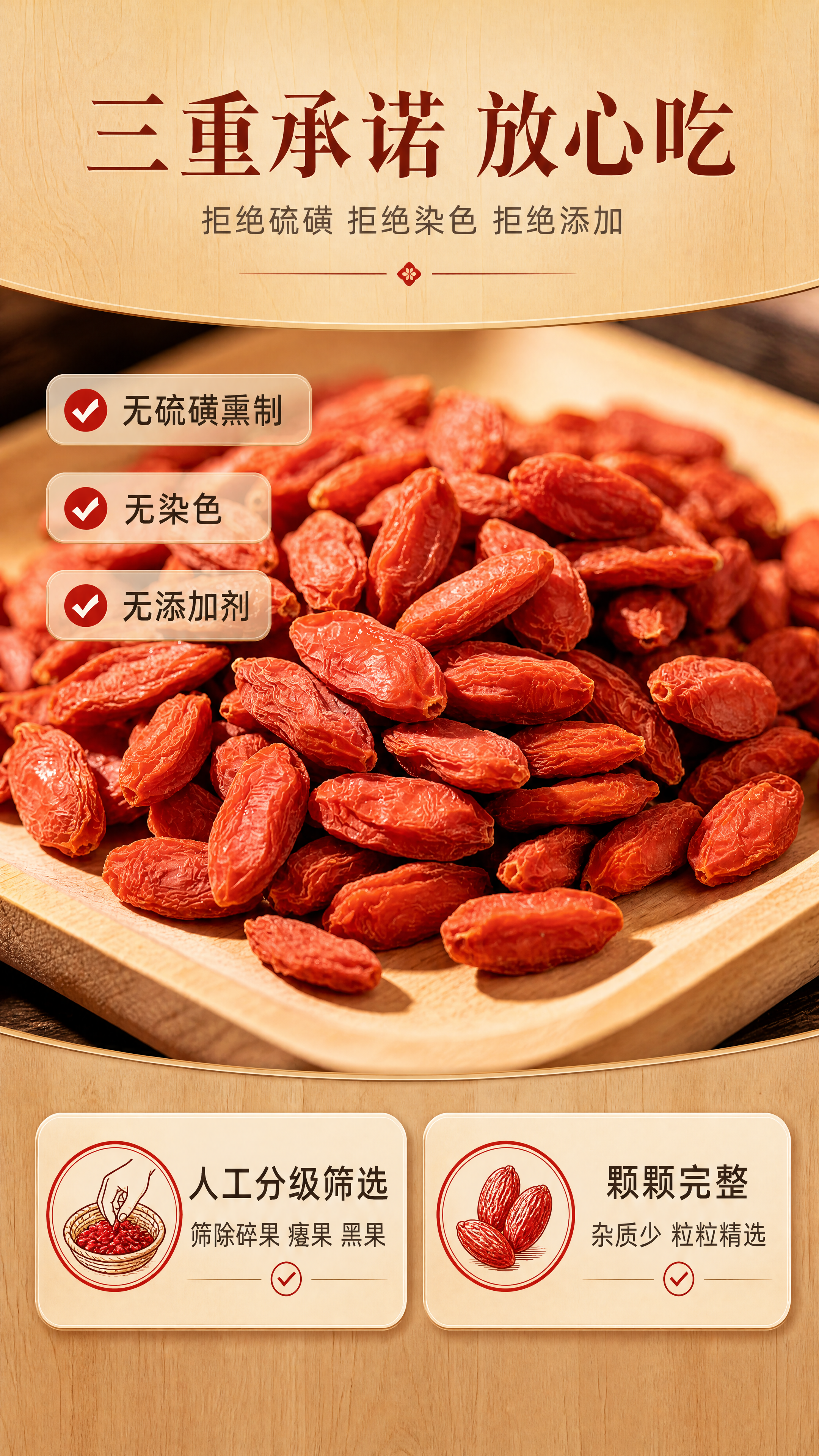 [商品] 使用【图3】木盘满铺新疆枸杞特写；保留枸杞颗粒饱满、… - 图片创意预览
