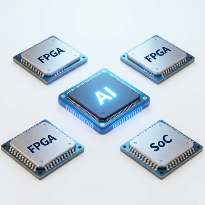 保持五芯片布局：中心AI芯片，四周4颗芯片，3颗标注"FPGA"，1颗标注"SoC"，无底层电路板，明亮色调，仅保留五颗芯片，调整文字标注清晰准确预览效果