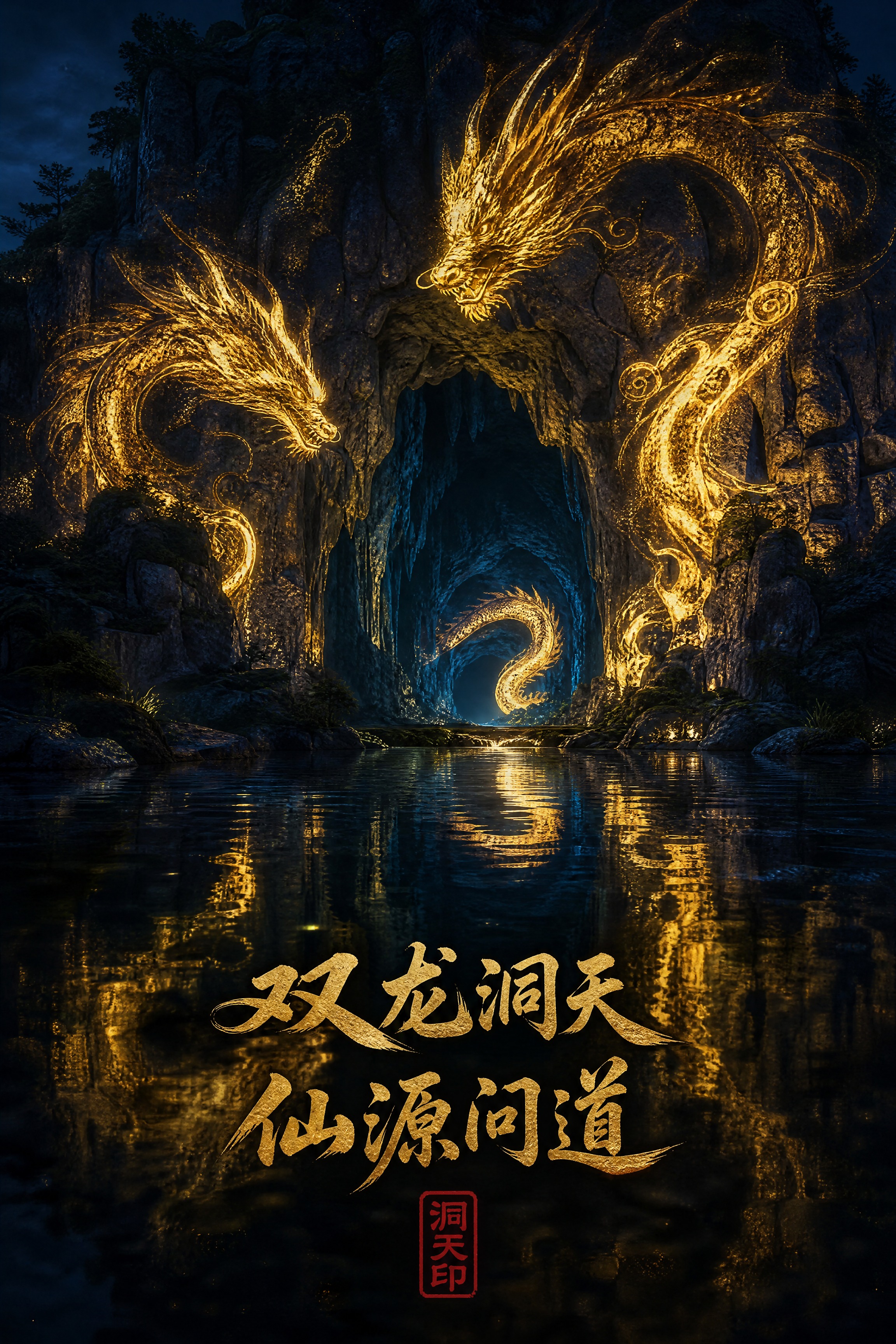 夜幕下的双龙洞洞口，3D Mapping光影在岩壁上投射出金色… - 图片创意预览