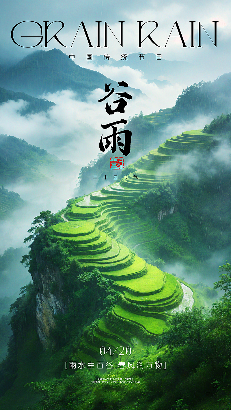 二十四节气谷雨实景摄影梯田海报